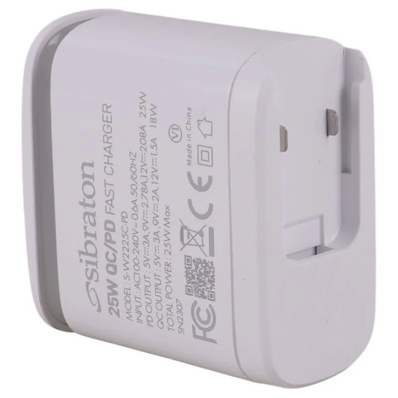 شارژر دیواری 25 وات سیبراتون S-W2225C-PD QC3.0 PD 3A + کابل تایپ سی