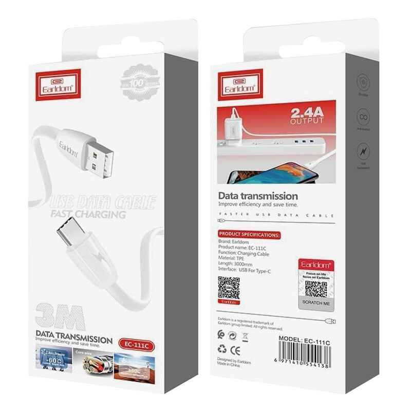 کابل تایپ سی فست شارژ Earldom EC-111C 2.4A 3m