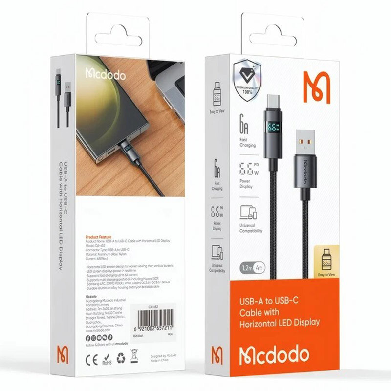 کابل تایپ سی فست شارژ Mcdodo CA-652 QC3.0 PD 6A 66W 1.2m