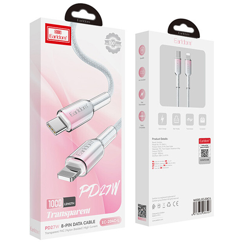 کابل تبدیل فست شارژ Earldom EC-204C-L Type-C To Lightning PD 27W 1m
