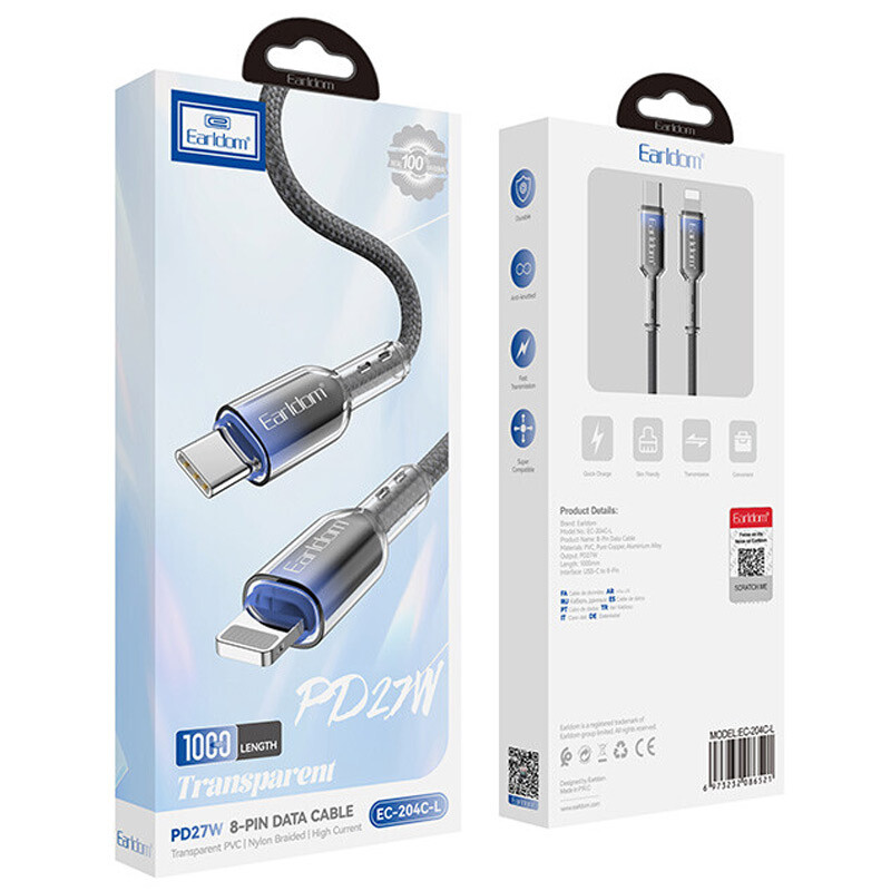 کابل تبدیل فست شارژ Earldom EC-204C-L Type-C To Lightning PD 27W 1m