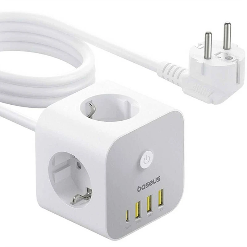 چند راهی 3 خانه باسئوس S321A با کابل 1.5 متری + شارژر USB و Type-C