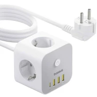 چند راهی 3 خانه باسئوس S321A با کابل 1.5 متری + شارژر USB و Type-C