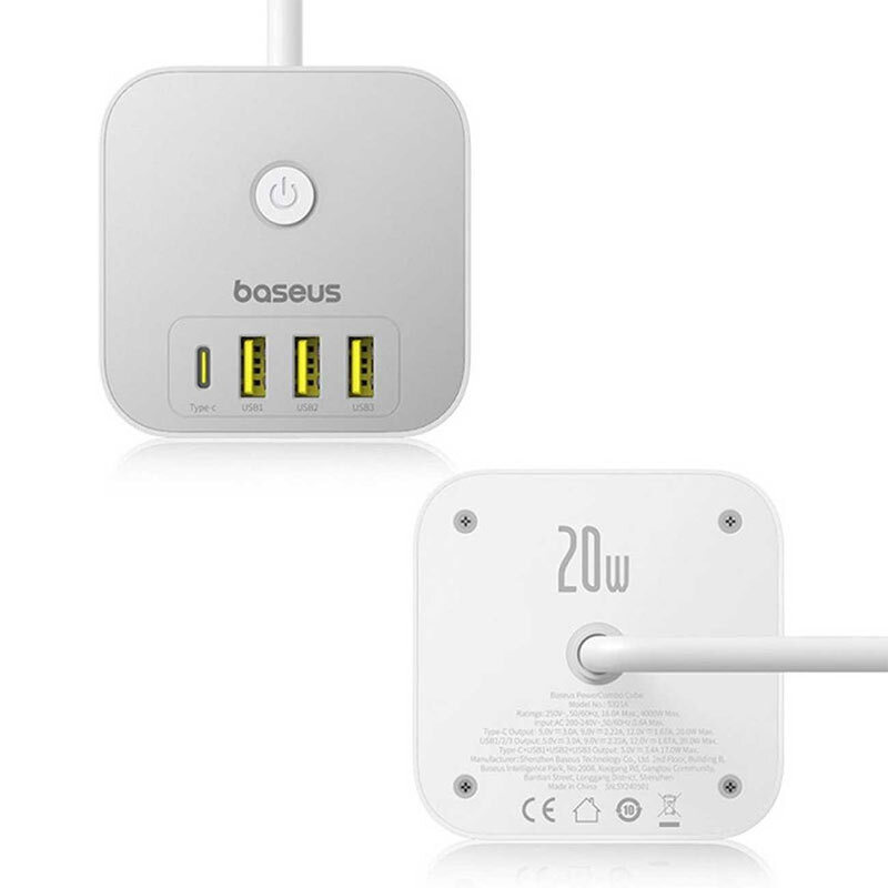 چند راهی 3 خانه باسئوس S321A با کابل 1.5 متری + شارژر USB و Type-C