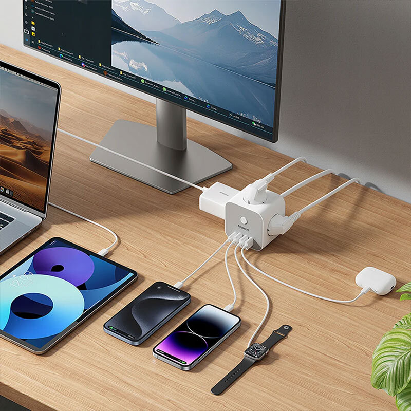 چند راهی 3 خانه باسئوس S321A با کابل 1.5 متری + شارژر USB و Type-C