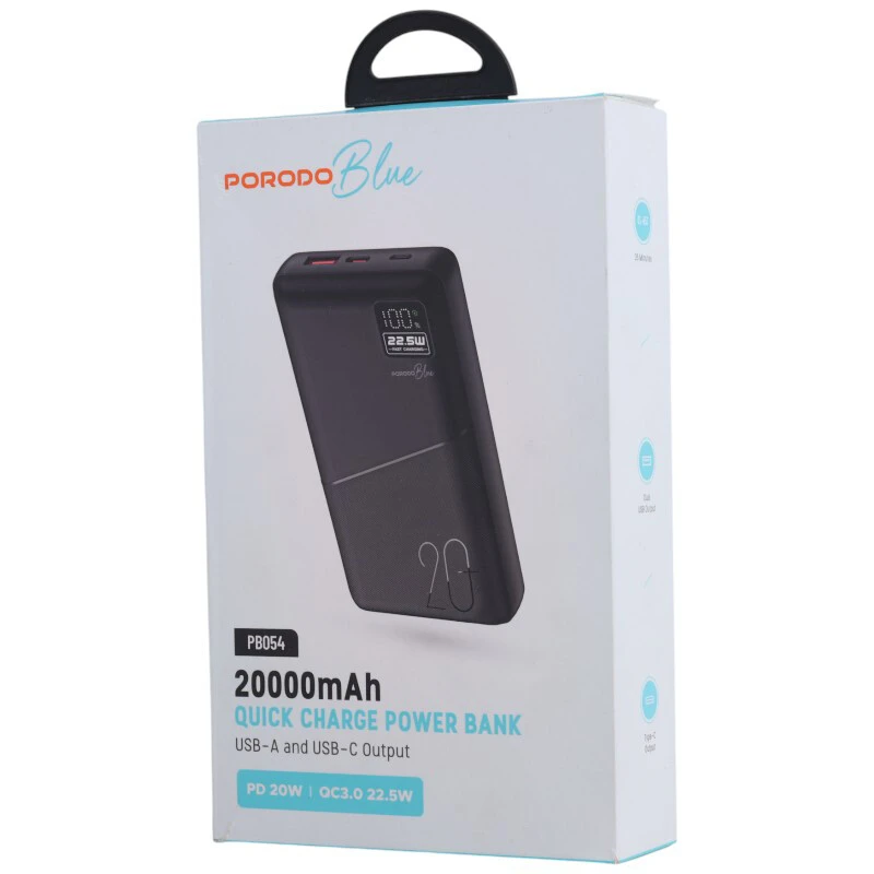 پاور بانک فست شارژ پرودو Blue PB-PBFCH054 QC3.0 PD 22.5W ظرفیت 20000 میلی آمپر ساعت