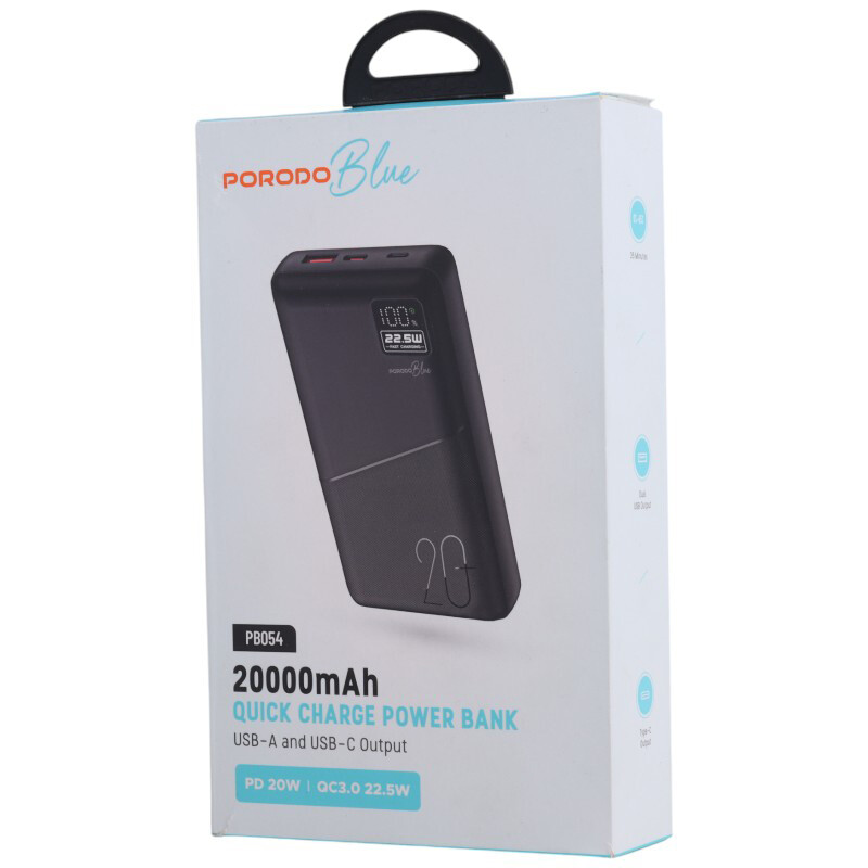 پاور بانک فست شارژ پرودو Blue PB-PBFCH054 QC3.0 PD 22.5W ظرفیت 20000 میلی آمپر ساعت