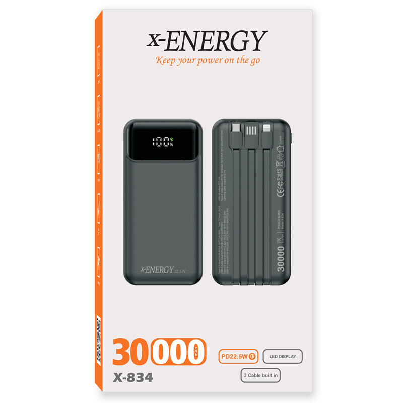 پاور بانک فست شارژ ایکس انرژی X-834 QC3.0 PD 22.5W ظرفیت 30000 میلی آمپر ساعت