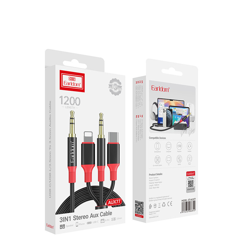 کابل تبدیل Earldom ET-AUX77 AUX To Type-C / AUX/Lightning 1.2m