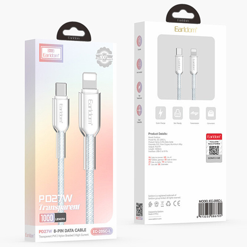 کابل تبدیل فست شارژ Earldom EC-205C-L Type-C To Lightning PD 27W 1m