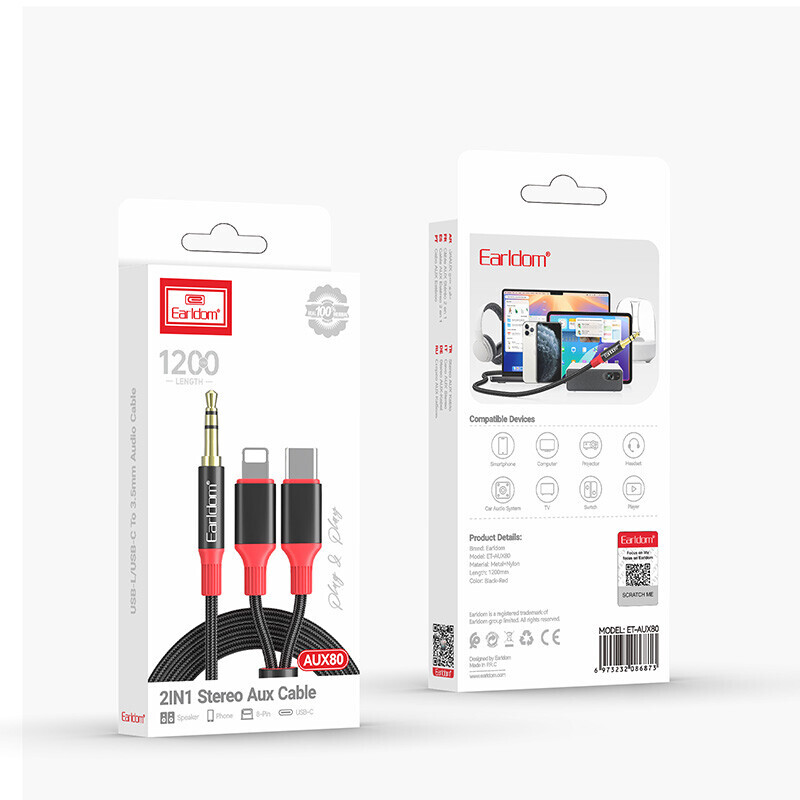 کابل تبدیل AUX به Type-C / Lightning ارلدام ET-AUX80 طول 1.2 متر