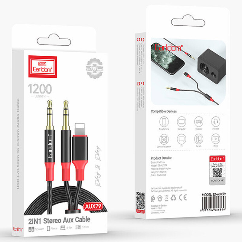 کابل تبدیل AUX به AUX / Lightning ارلدام ET-AUX79 طول 1.2 متر