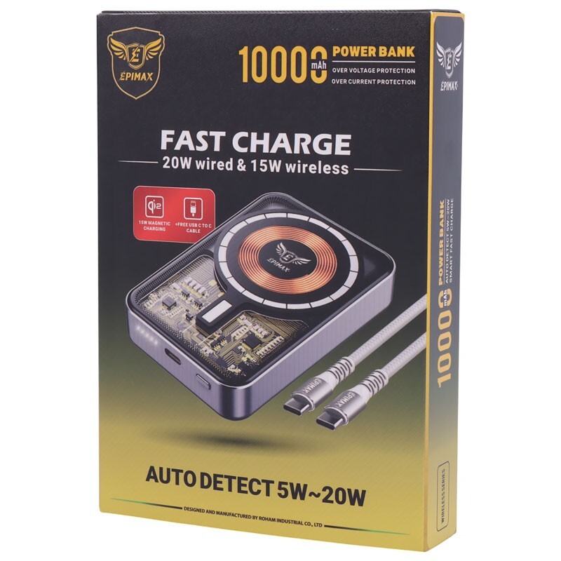 پاور بانک بی سیم فست شارژ اپی مکس EP-212 PD 20W ظرفیت 10000 میلی آمپر ساعت
