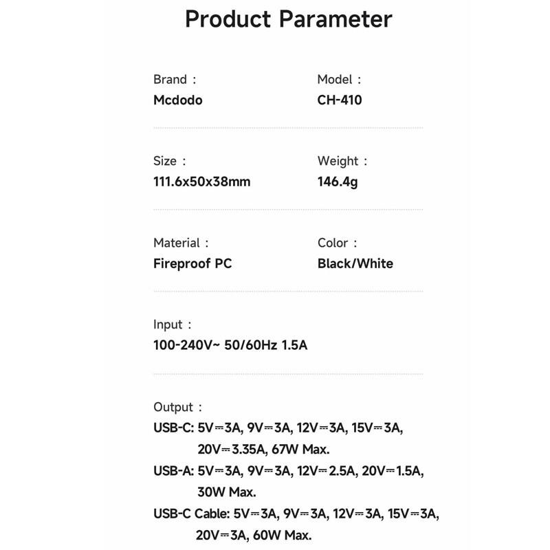 شارژر دیواری سیم وصل 67 وات مک دودو CH-410 QC3.0 PD 3A