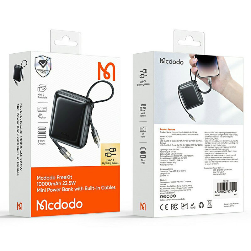 پاور بانک فست شارژ مک دودو MC-255 PD QC3.0 22.5W ظرفیت 10000 میلی آمپر ساعت