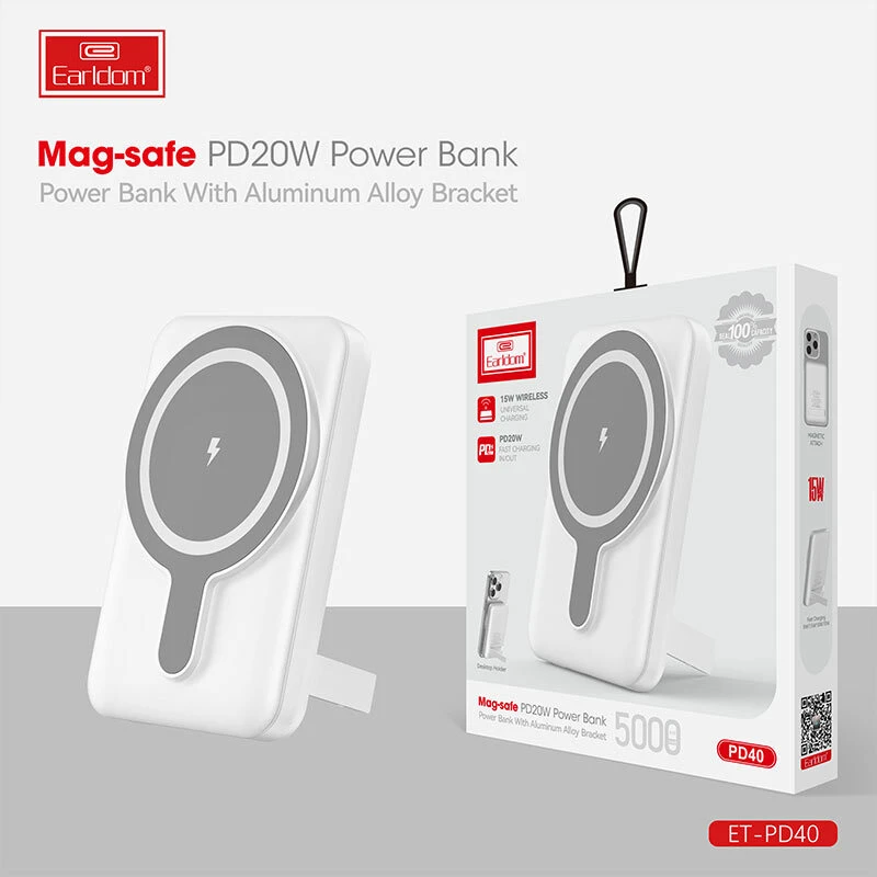 پاور بانک بی سیم فست شارژ ارلدام ET-PD40 PD 20W ظرفیت 5000 میلی آمپر ساعت