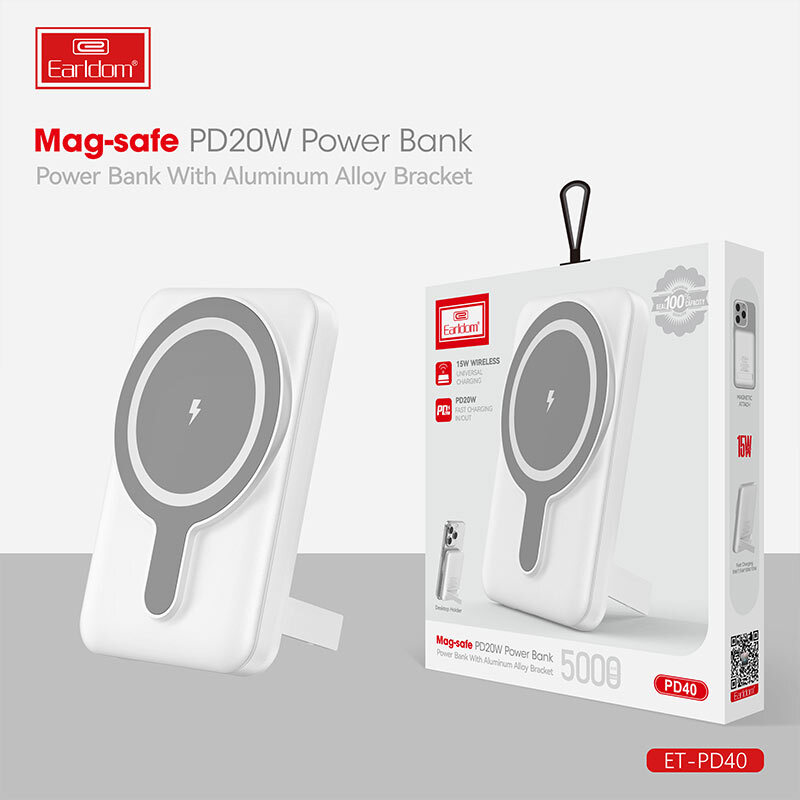 پاور بانک بی سیم فست شارژ ارلدام ET-PD40 PD 20W ظرفیت 5000 میلی آمپر ساعت