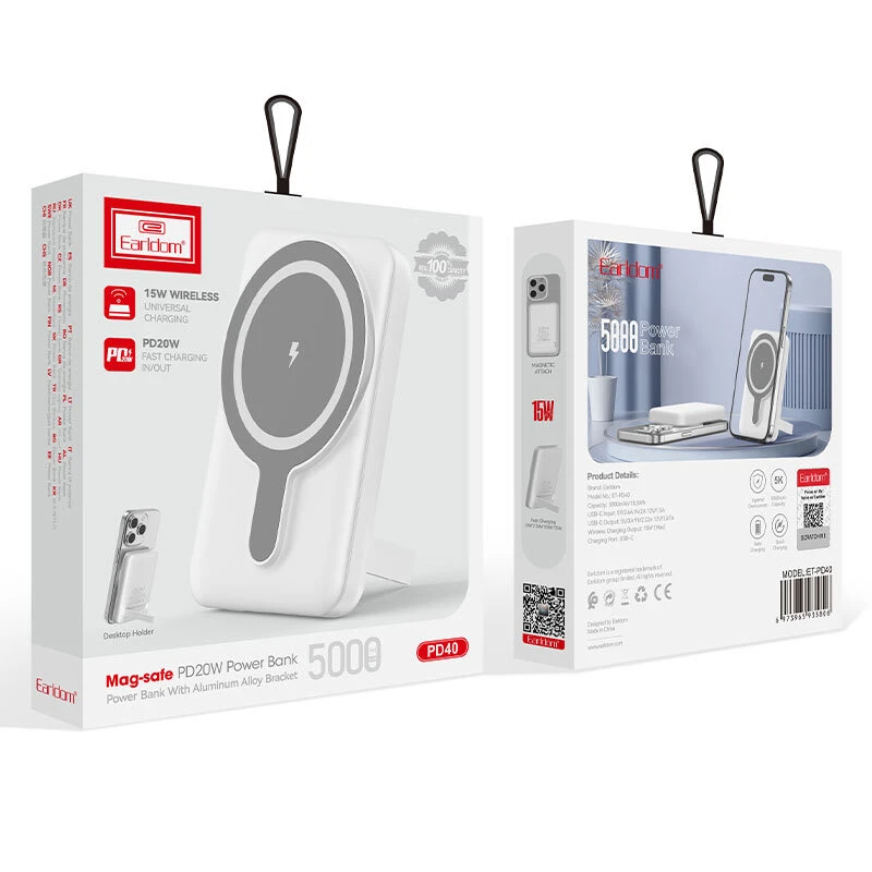 پاور بانک بی سیم فست شارژ ارلدام ET-PD40 PD 20W ظرفیت 5000 میلی آمپر ساعت