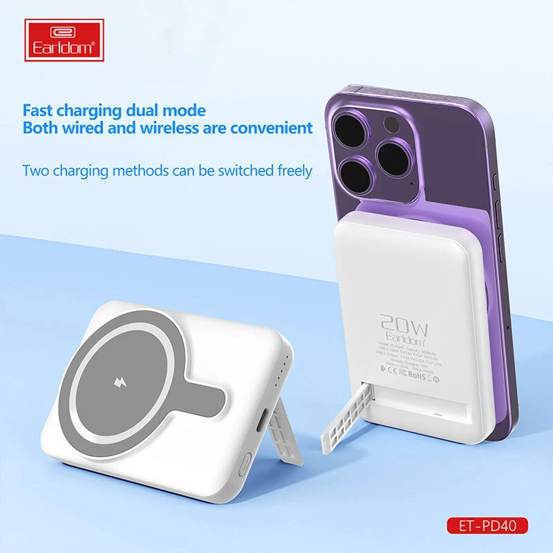 پاور بانک بی سیم فست شارژ ارلدام ET-PD40 PD 20W ظرفیت 5000 میلی آمپر ساعت