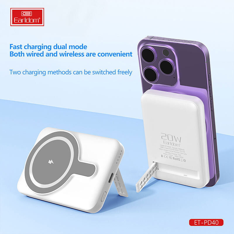پاور بانک بی سیم فست شارژ ارلدام ET-PD40 PD 20W ظرفیت 5000 میلی آمپر ساعت