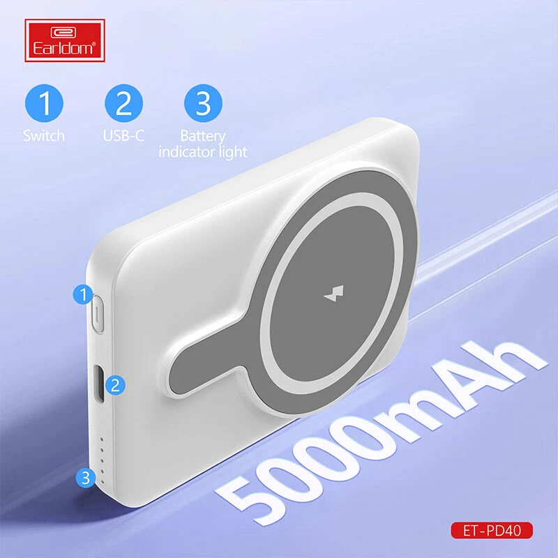 پاور بانک بی سیم فست شارژ ارلدام ET-PD40 PD 20W ظرفیت 5000 میلی آمپر ساعت