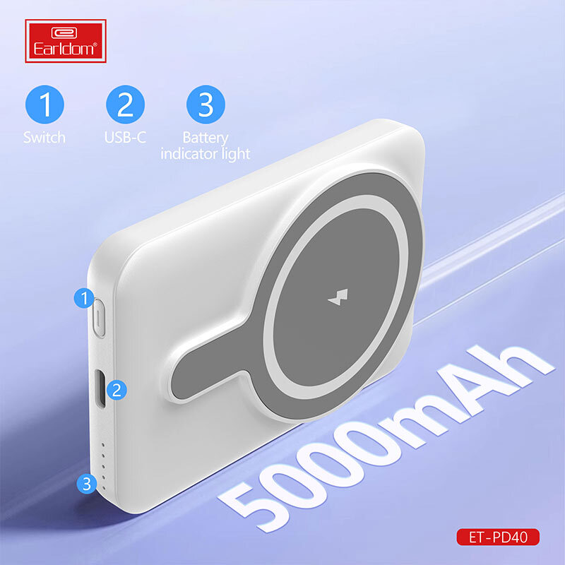 پاور بانک بی سیم فست شارژ ارلدام ET-PD40 PD 20W ظرفیت 5000 میلی آمپر ساعت