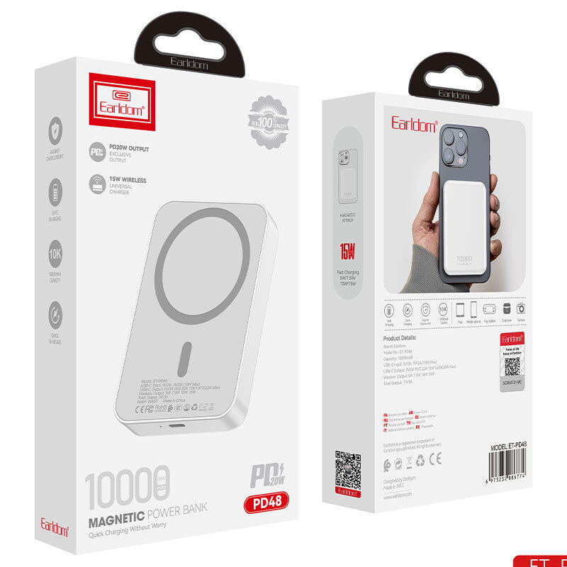 پاور بانک بی سیم فست شارژ ارلدام ET-PD48 PD 20W ظرفیت 10000 میلی آمپر ساعت