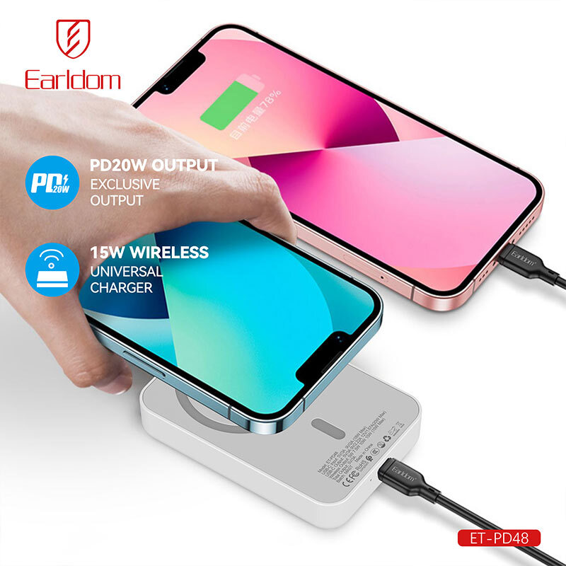 پاور بانک بی سیم فست شارژ ارلدام ET-PD48 PD 20W ظرفیت 10000 میلی آمپر ساعت