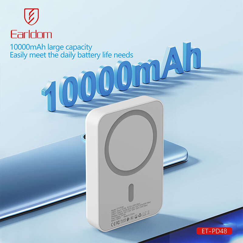 پاور بانک بی سیم فست شارژ ارلدام ET-PD48 PD 20W ظرفیت 10000 میلی آمپر ساعت
