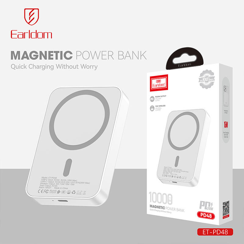 پاور بانک بی سیم فست شارژ ارلدام ET-PD48 PD 20W ظرفیت 10000 میلی آمپر ساعت