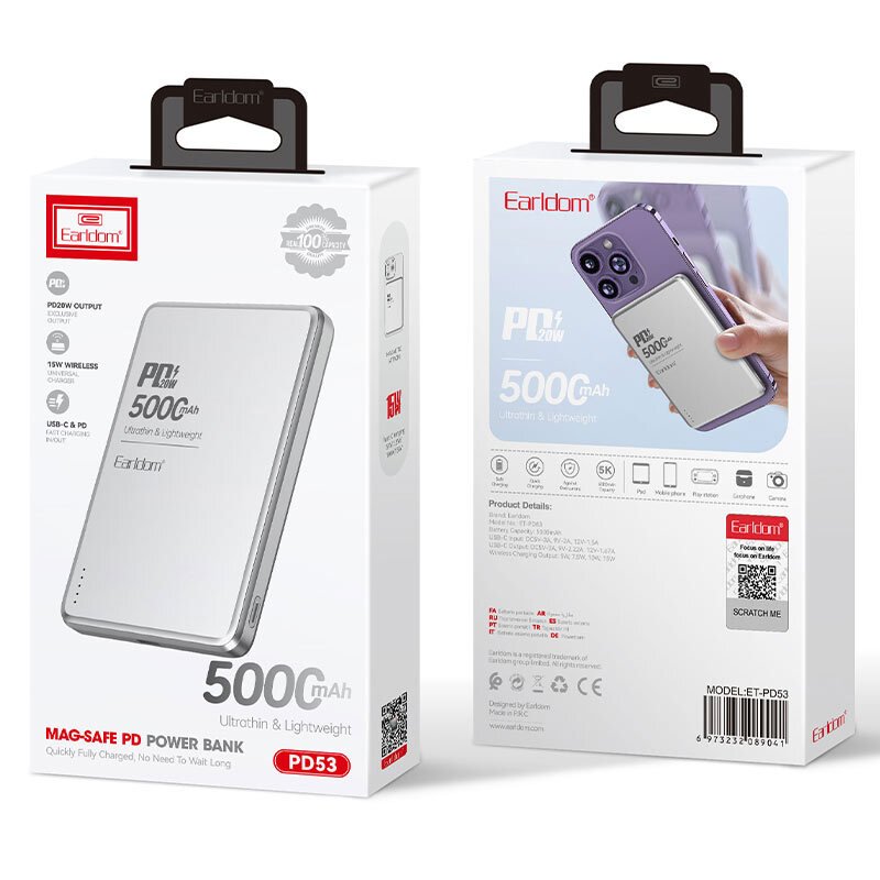 پاور بانک بی سیم فست شارژ ارلدام ET-PD53 PD 20W ظرفیت 5000 میلی آمپر ساعت