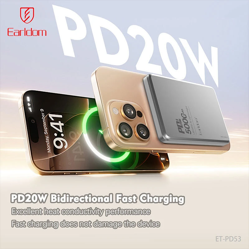 پاور بانک بی سیم فست شارژ ارلدام ET-PD53 PD 20W ظرفیت 5000 میلی آمپر ساعت