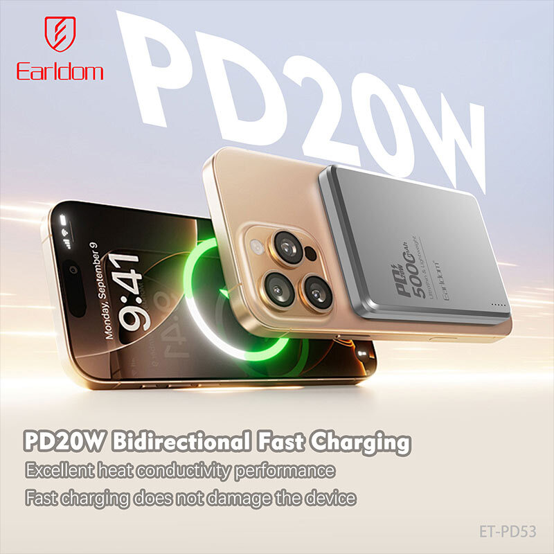 پاور بانک بی سیم فست شارژ ارلدام ET-PD53 PD 20W ظرفیت 5000 میلی آمپر ساعت