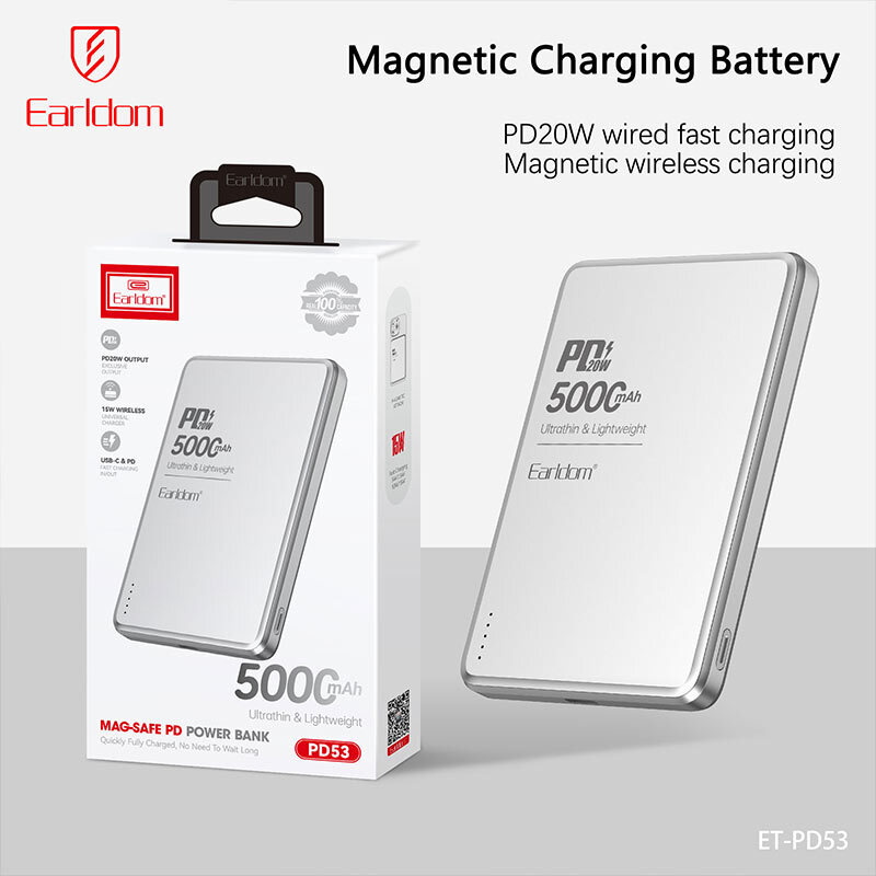 پاور بانک بی سیم فست شارژ ارلدام ET-PD53 PD 20W ظرفیت 5000 میلی آمپر ساعت
