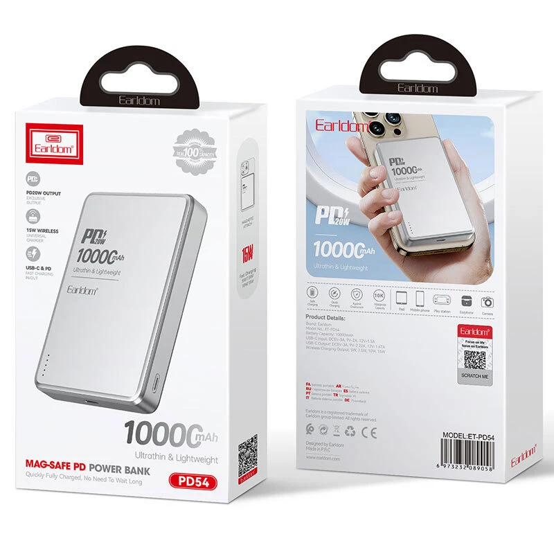 پاور بانک بی سیم فست شارژ ارلدام ET-PD54 PD 20W ظرفیت 10000 میلی آمپر ساعت