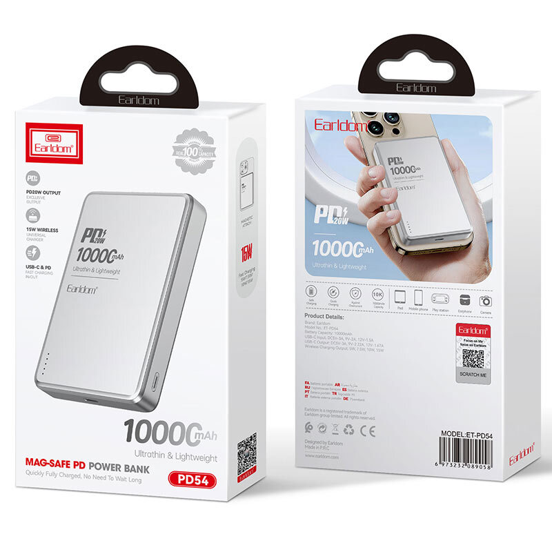 پاور بانک بی سیم فست شارژ ارلدام ET-PD54 PD 20W ظرفیت 10000 میلی آمپر ساعت