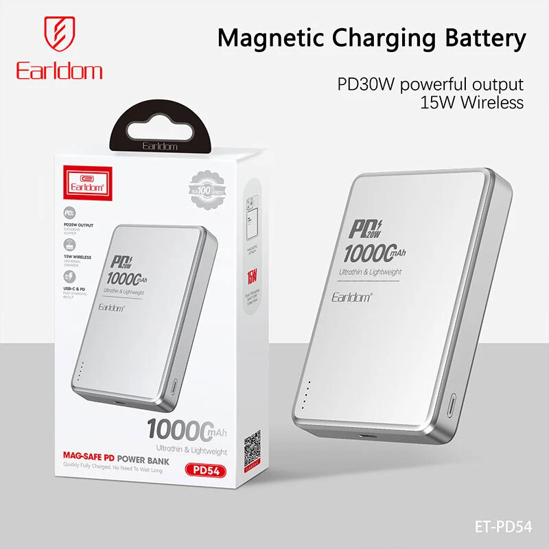 پاور بانک بی سیم فست شارژ ارلدام ET-PD54 PD 20W ظرفیت 10000 میلی آمپر ساعت