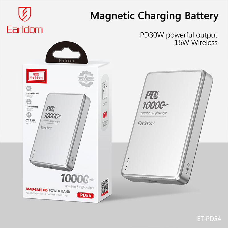 پاور بانک بی سیم فست شارژ ارلدام ET-PD54 PD 20W ظرفیت 10000 میلی آمپر ساعت