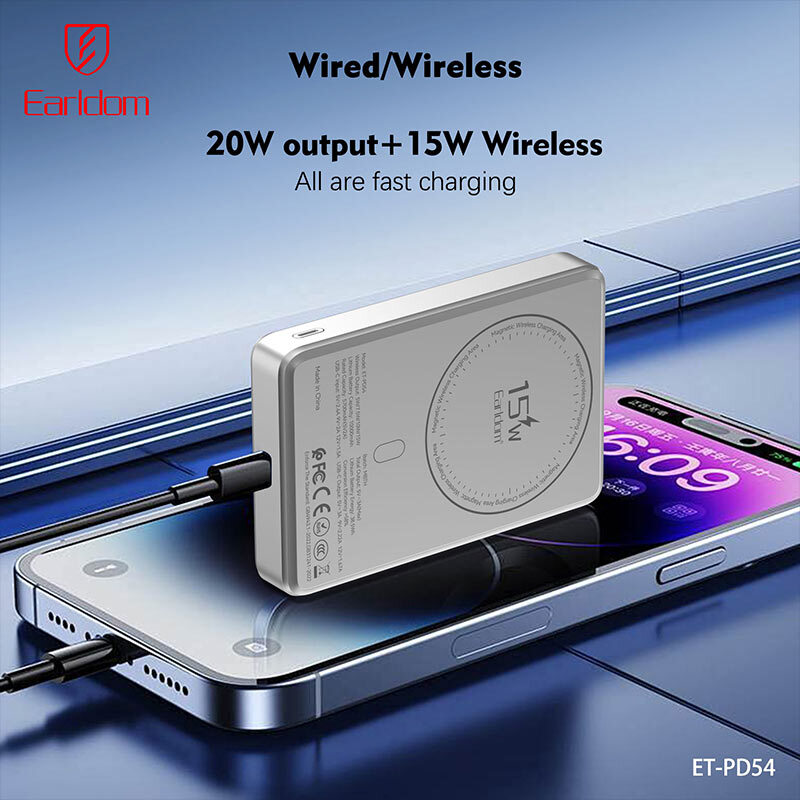 پاور بانک بی سیم فست شارژ ارلدام ET-PD54 PD 20W ظرفیت 10000 میلی آمپر ساعت