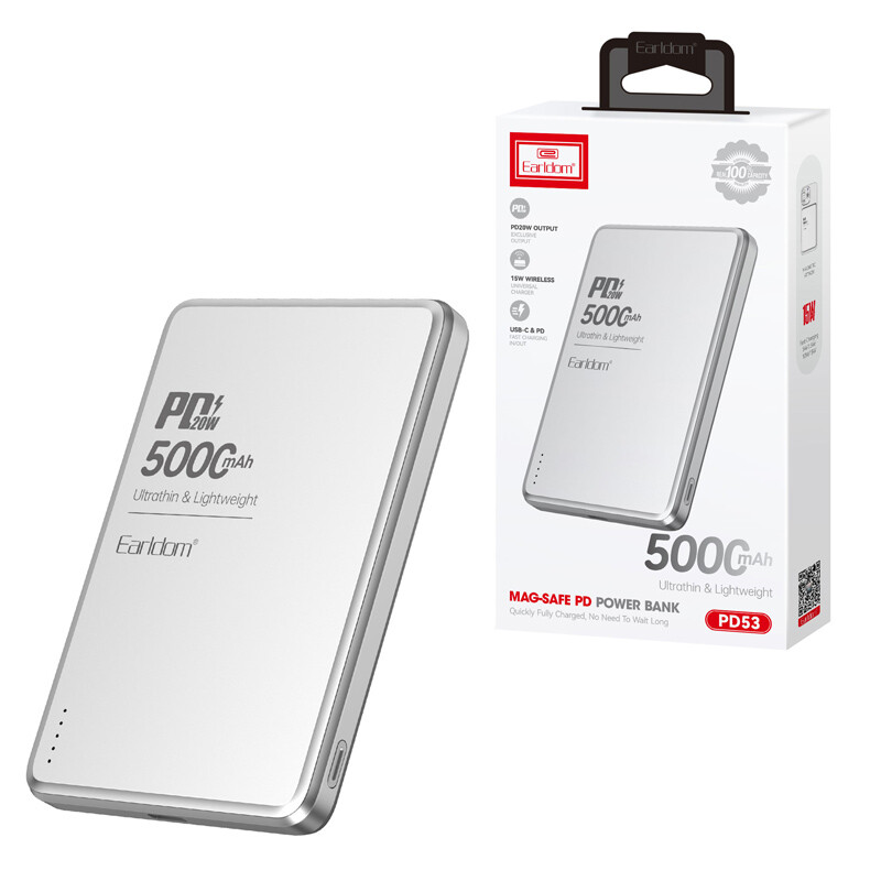 پاور بانک بی سیم فست شارژ ارلدام ET-PD53 PD 20W ظرفیت 5000 میلی آمپر ساعت