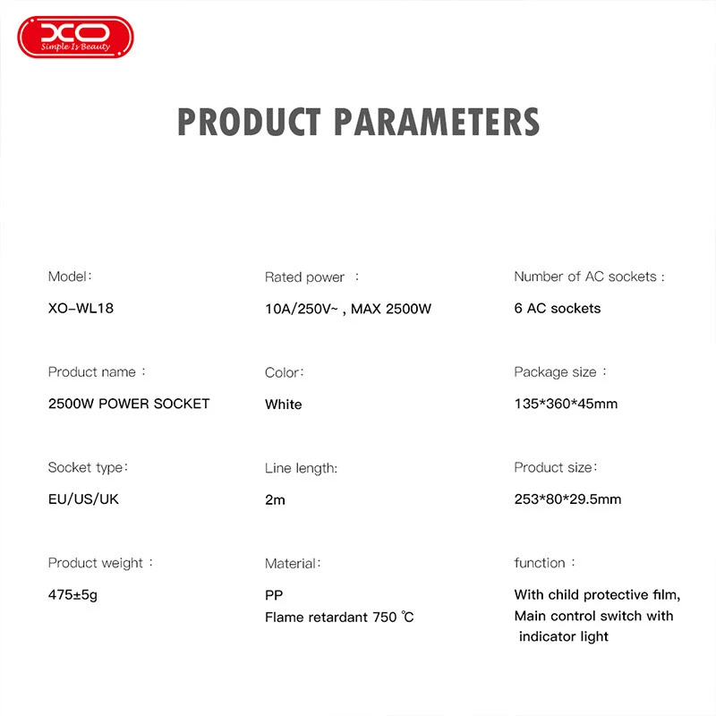 چند راهی 6 خانه ارت دار ایکس او XO-WL18 با کابل 2 متری