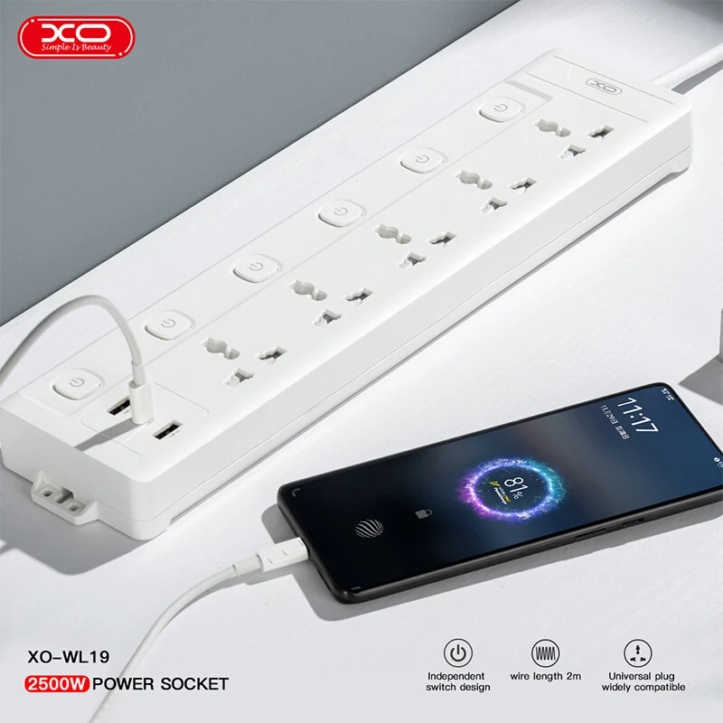 چند راهی 5 خانه ارت دار ایکس او XO-WL19 با کابل 2 متری + شارژر USB و Type-C