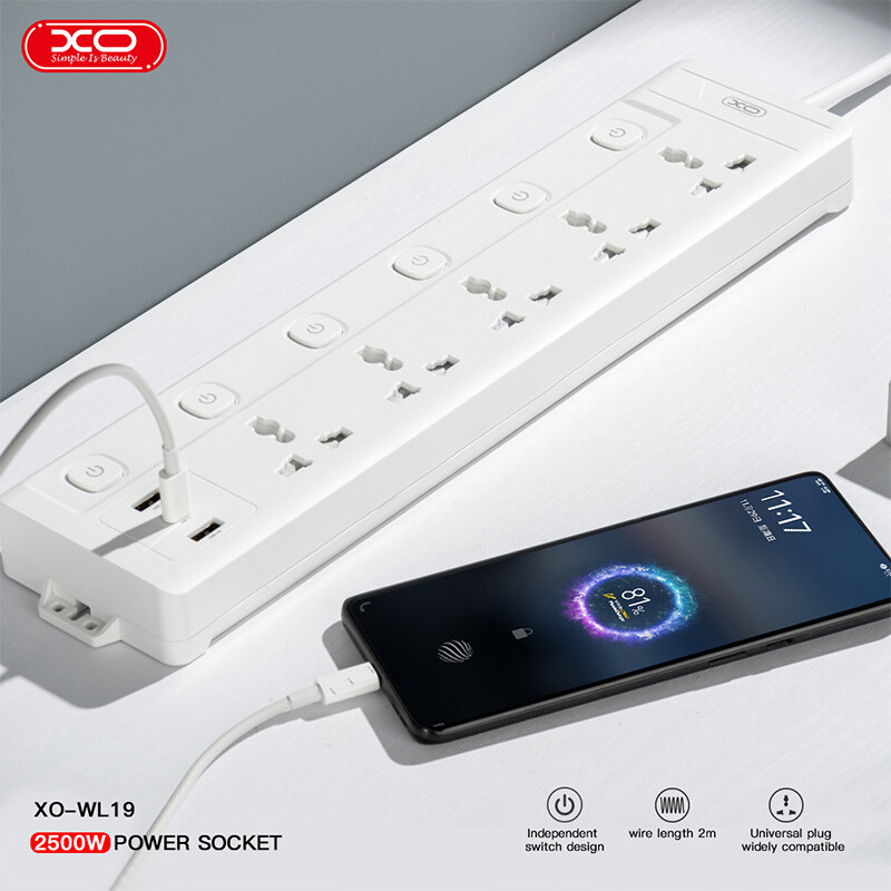 چند راهی 5 خانه برق ارت دار ایکس او XO-WL19 با کابل 2 متری + شارژر USB و Type-C