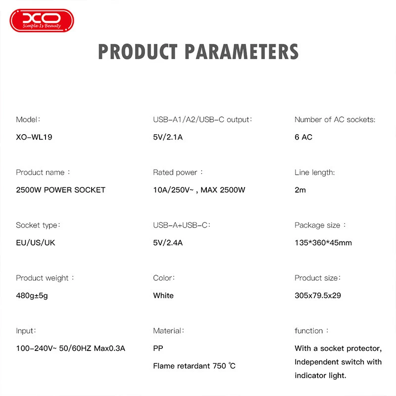 چند راهی 5 خانه ارت دار ایکس او XO-WL19 با کابل 2 متری + شارژر USB و Type-C
