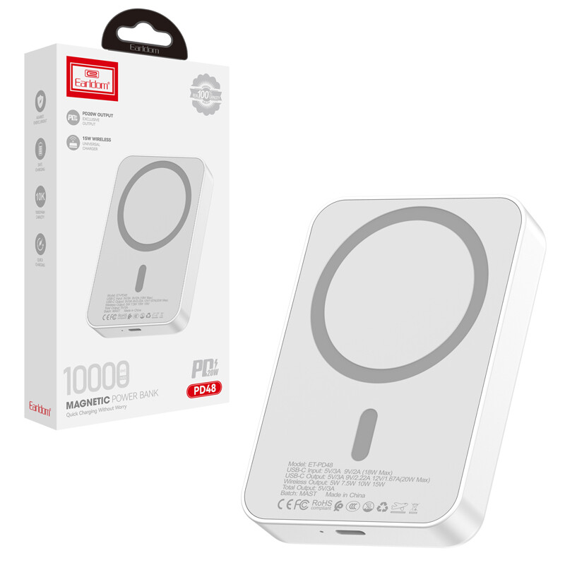 پاور بانک بی سیم فست شارژ ارلدام ET-PD48 PD 20W ظرفیت 10000 میلی آمپر ساعت