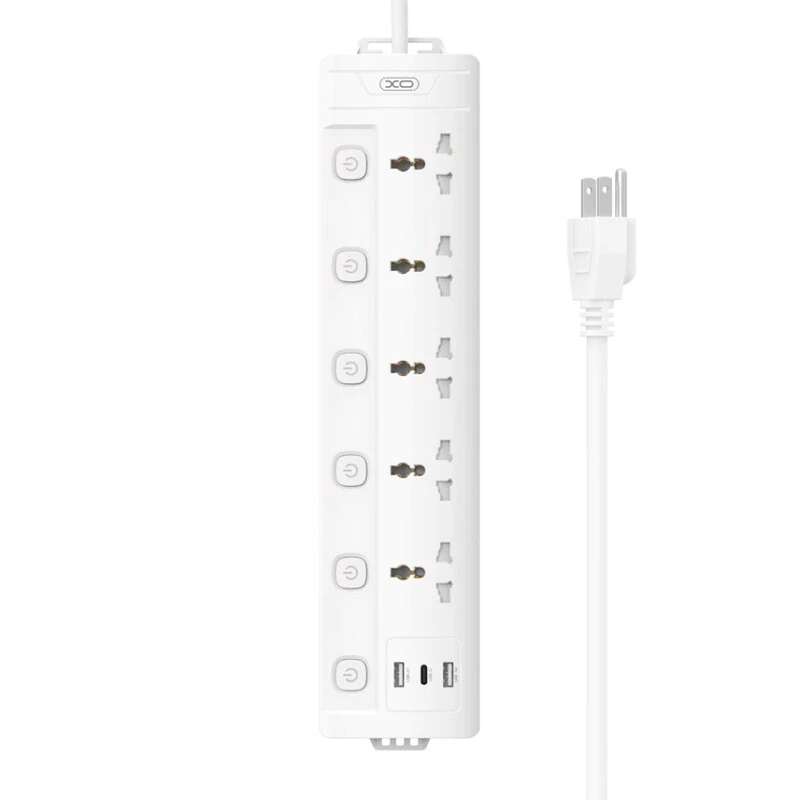 چند راهی 5 خانه ارت دار ایکس او XO-WL19 با کابل 2 متری + شارژر USB و Type-C