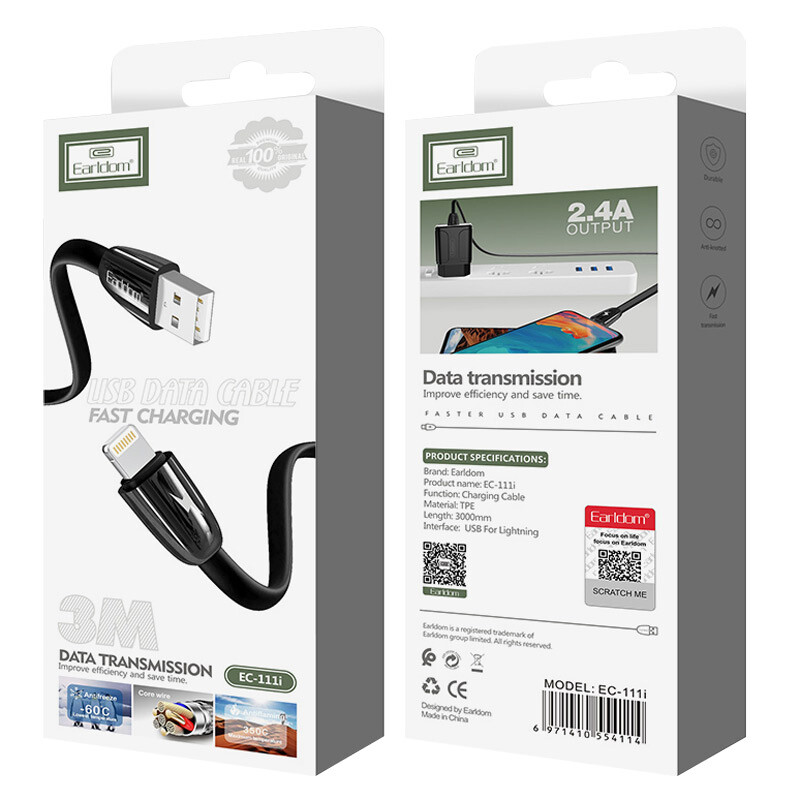 کابل آیفونی فست شارژ Earldom EC-111i 2.4A 3m