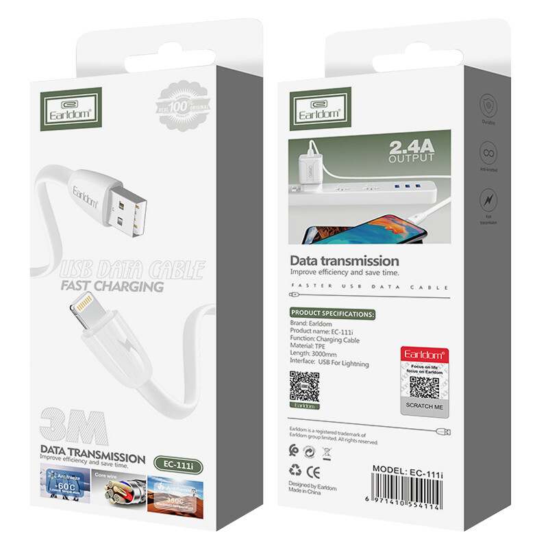 کابل آیفونی فست شارژ Earldom EC-111i 2.4A 3m