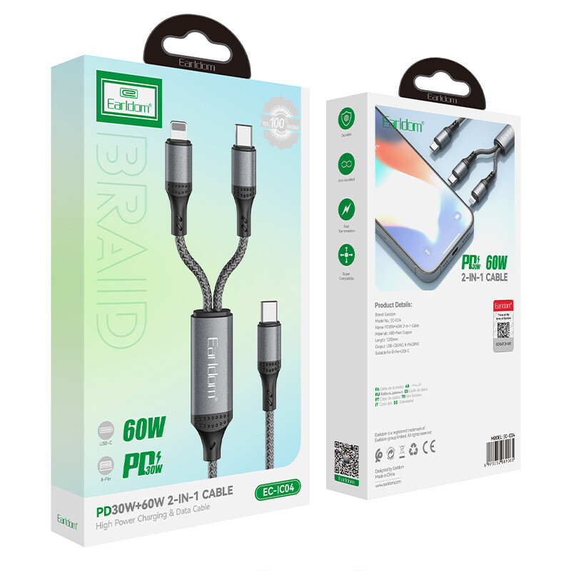 کابل 2 سر فست شارژ Earldom EC-IC04 PD 60W 1.2m