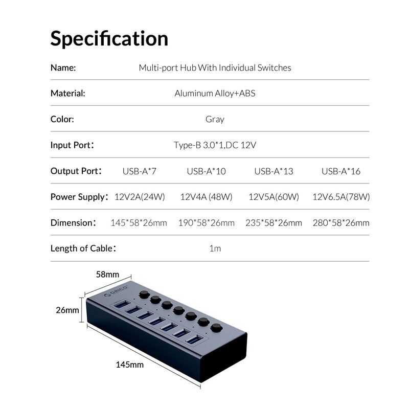 هاب 7 پورت USB3.0 اوریکو BT2U3-7AB